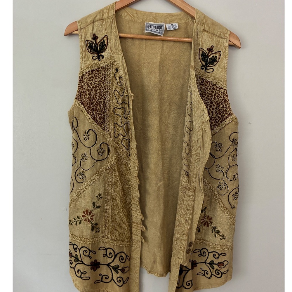 Speed Limit MPH Vest Womens Medium Tan Boho Patchwork Embroidered Leopard Rayon